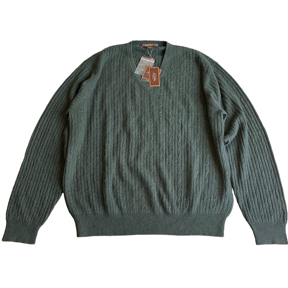 Tasso Elba Men's Large 100% Cashmere Seeatwr Cable Knit V-Neck Green NWT